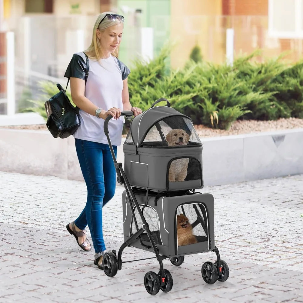 Double Dog Stroller for 2 Dogs, Detachable Carriers, Safety Belt, 4 Lockable Wheels, Pet Travel Carrier Strolling Cart