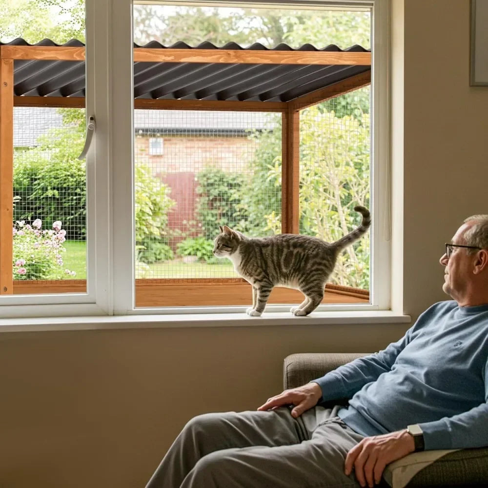 Cat Catio, Wall-Mounted Window Enclosure for Indoor Cats, Expandable Wooden Small Pet Perch House, Secure and Cozy Outdo