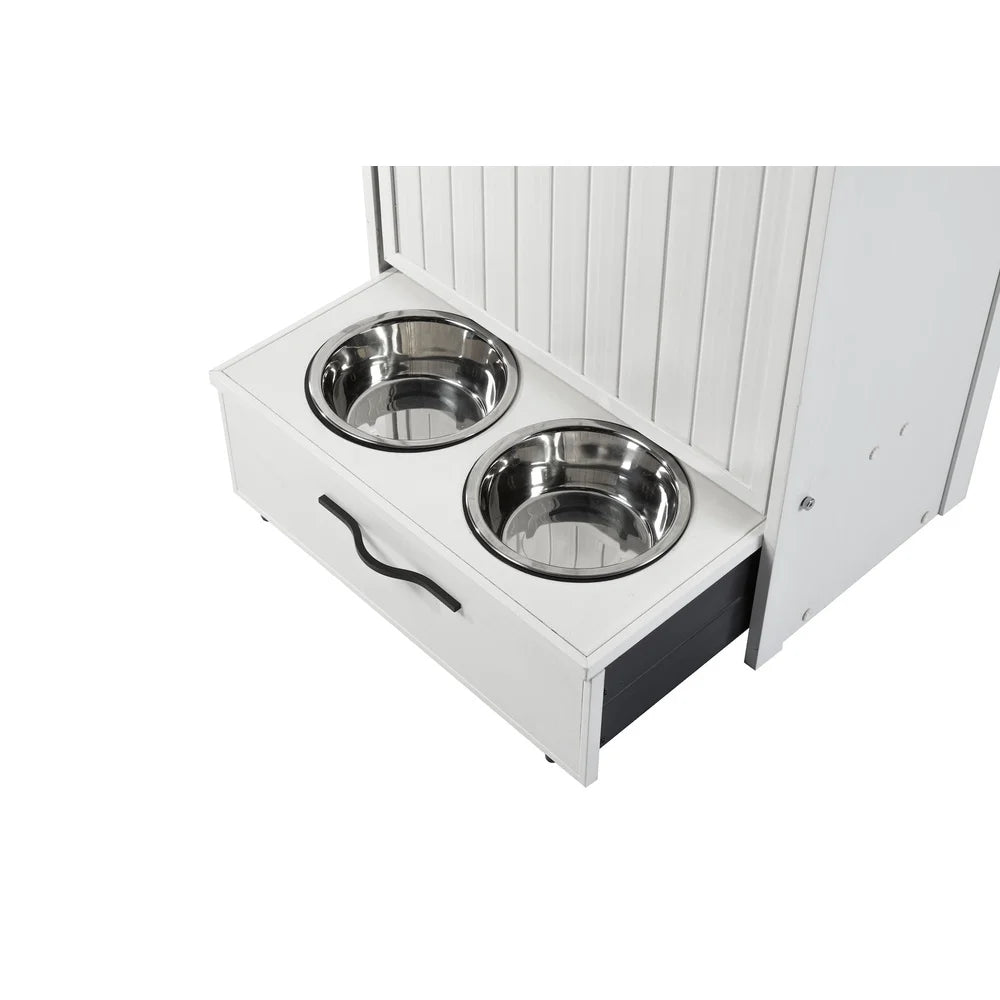 Eco-Friendly Dog Food Pantry with Double Stainless Steel Bowls Space Saving Design Holds 25 lbs Dry Food Easy Assembly Hygienic