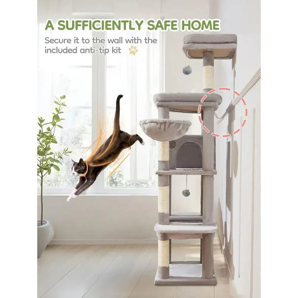 66 Large Cat Tower with Scratching Posts, Plush Hammock, Adjustable Basket, and Top Perch in Light Gray