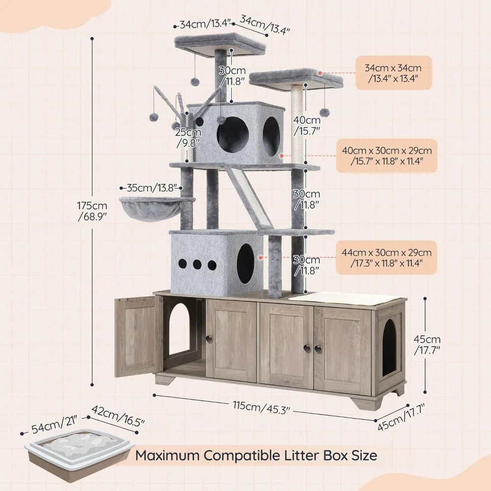 Double Litter Box Enclosure with Cat Tree, 45.3"L x 17.7"W x 68.9"H All-in-One Modern Cat Tower with Cat Bed, Hidden Litter Box