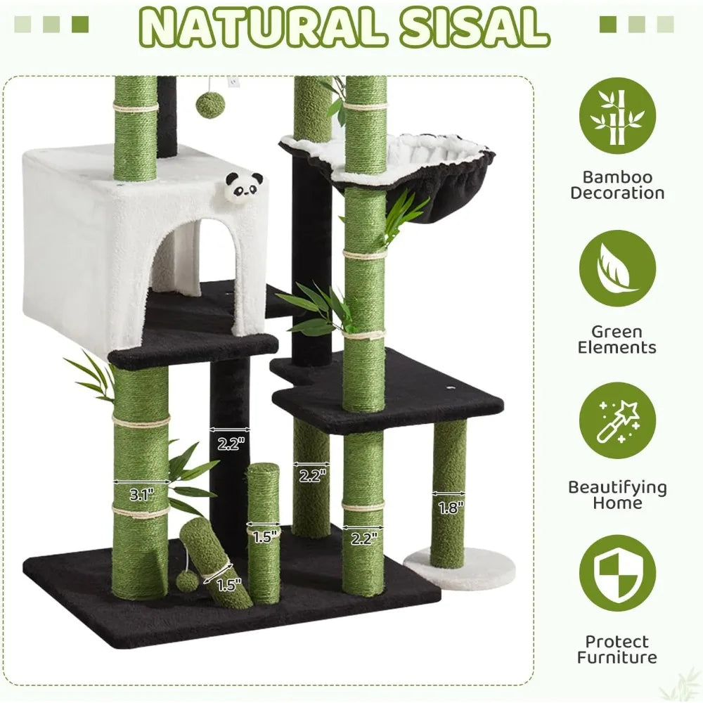 Indoor Cat Tower 71.3 Inches High with Panda Design, Spacious Kitty Condo and Sisal Scratching Posts for Cats
