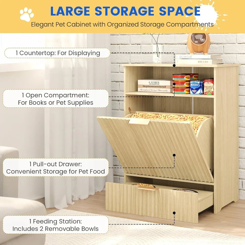 Elegant Dog Feeding Station with Elevated Bowls Storage Container Tilt-Out Food Cabinet Stylish Pet Feeder Supplies