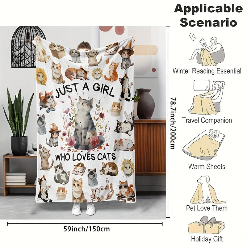 1pc Cozy Flannel Blanket with Adorable Cat & Dog Design – Soft, Warm, and Tear-Resistant Throw for Sofa, Bed, or Office – Perfec