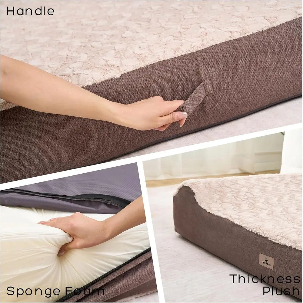 Large Dog Orthopedic Memory Foam Bed - 7 Thick, Removable Cover, Waterproof Liner, 50L x 34W x 10H, Khaki Plush