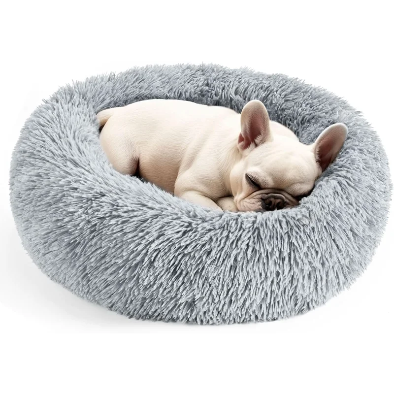 Dog & Cat Bed for Indoor Cats, 20in Calming Donut Bed for Puppy and Kitten, Washable for Small Medium Dogs and Cats (Light Grey)