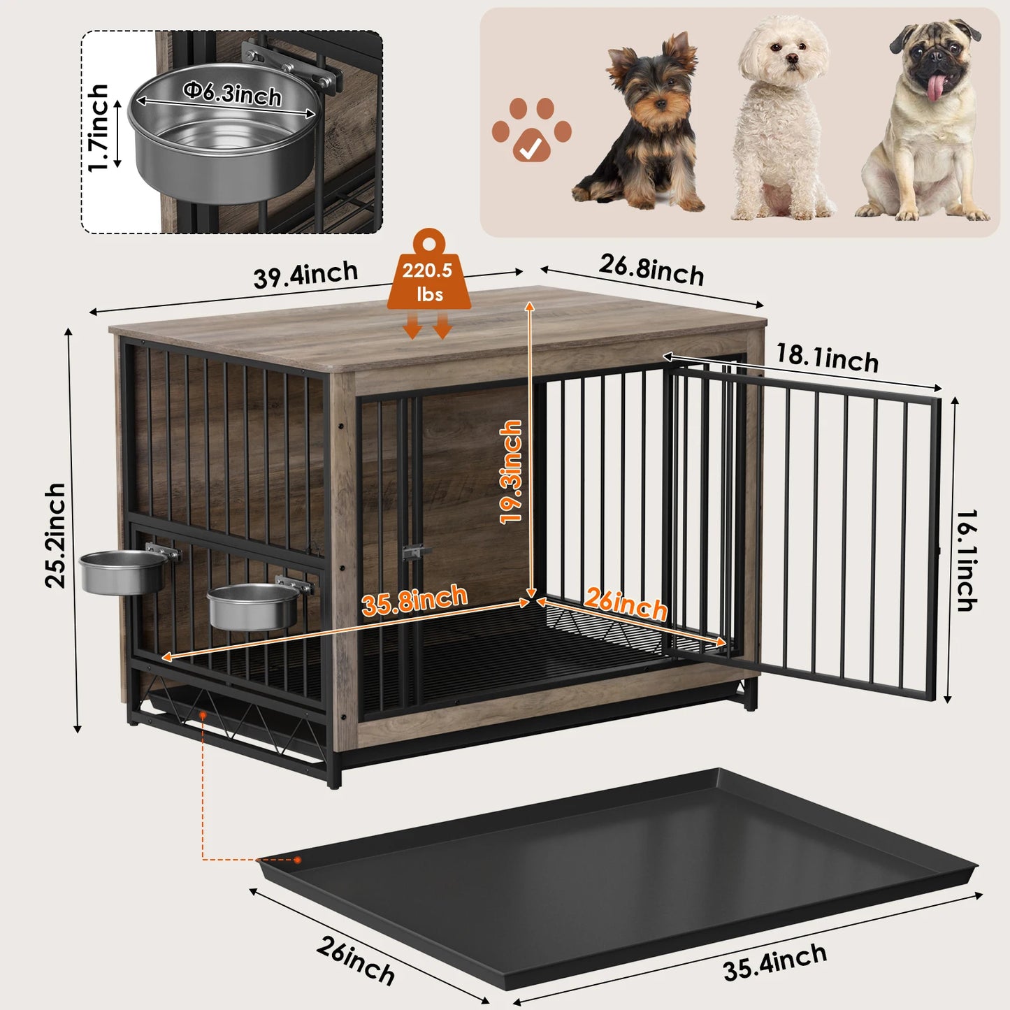 Furniture Style Dog Crate,Wooden Heavy Duty Dog Kennel with Adjustable Raised Feeder for Dogs 2 Stainless Steel Bowls Brown/Gray