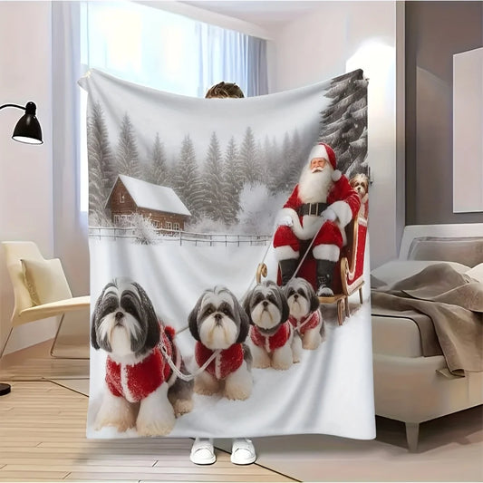 Flannel Throw Blanket - Shih Tzu Dogs & Santa Sled Winter Scene - Soft Cozy All-Season Bedspread - Red & White Christmas Design