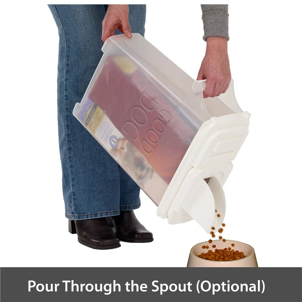Pet Food Dispenser 16 Quart Dry Kibble Container with Double Pour Spout Handle Flip Top Easy Clean Stackable All Pets