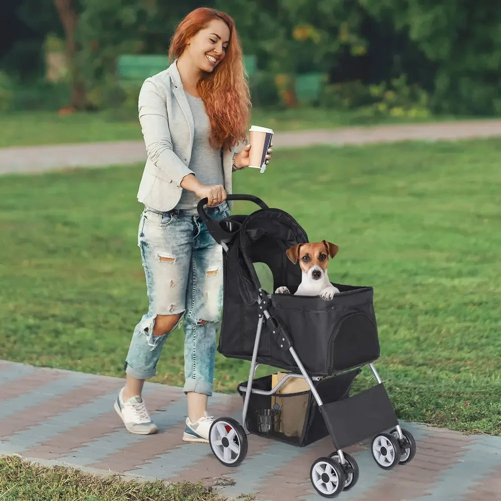 Dog Stroller Pet Travel Carriage Safe 4 Wheeler with Foldable Carrier Cart
