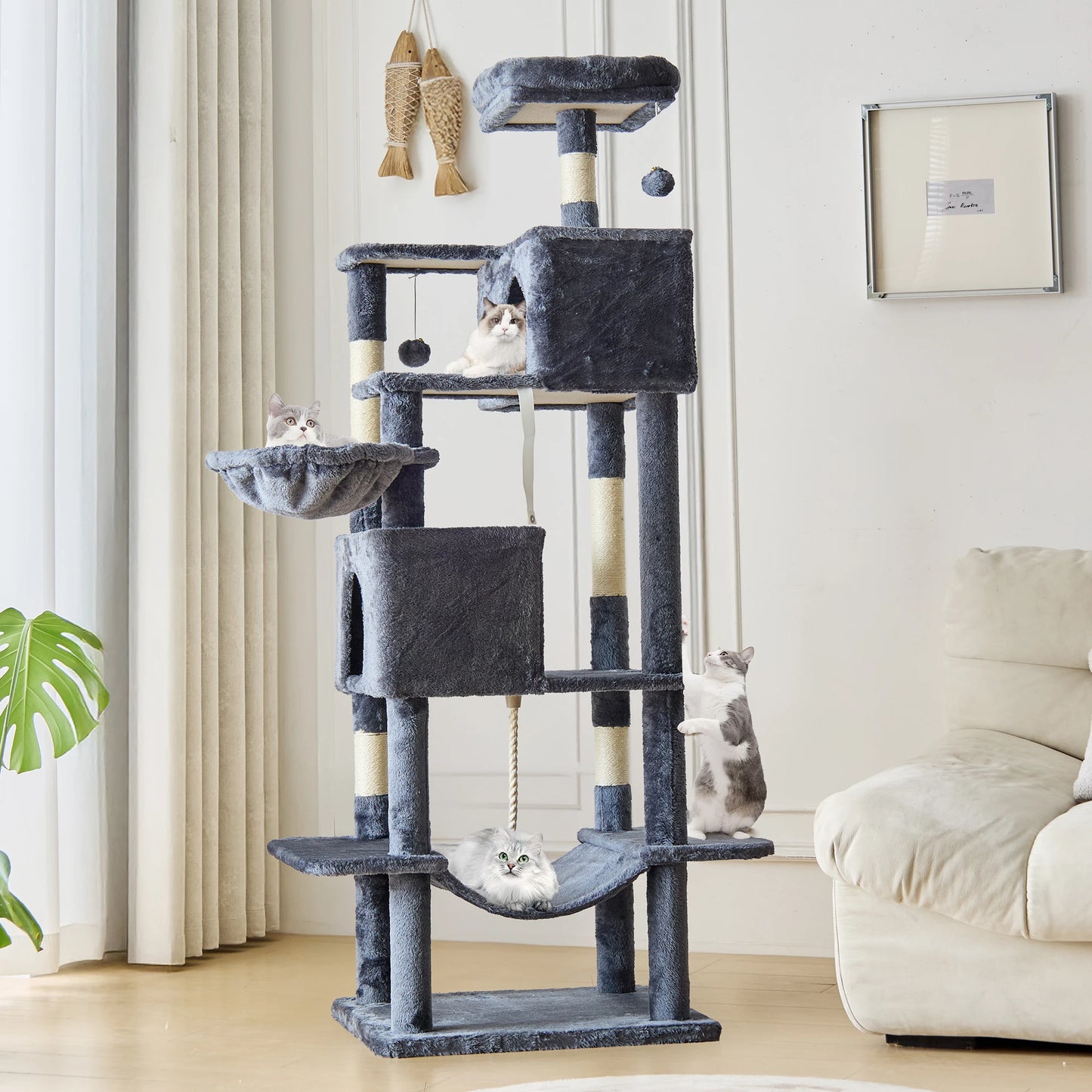 66 inch Cat Tree Tower Large Multi Level Cat Climbing Tower with Condo Natural Sisal Scratching Posts Pet House for Indoor
