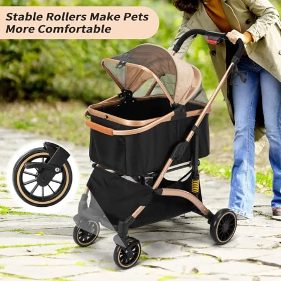 Dog Stroller for Pets One Hand Fold Puppy Stroller with 6 Shock Absorbers Removable Cabin Storage Basket 4 Wheels Dual Brakes R