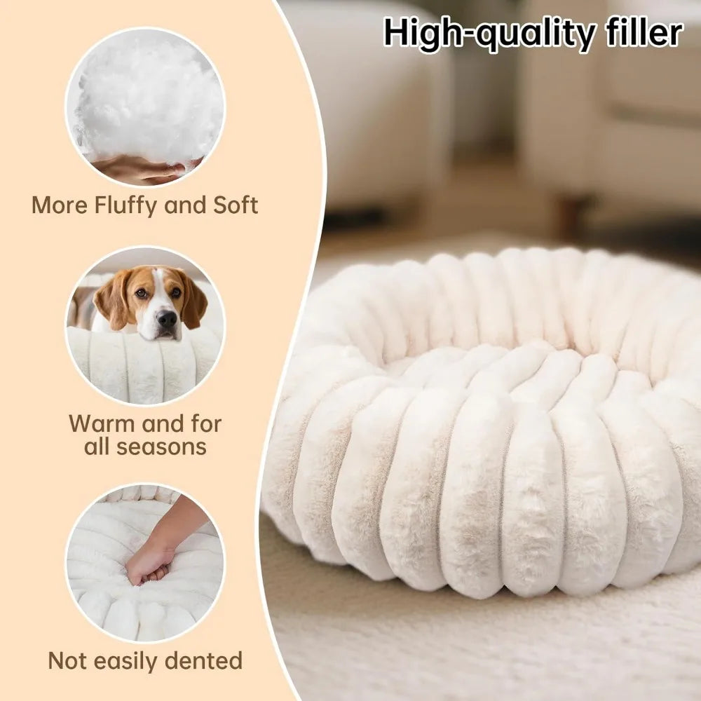 Calming Donut Dog Cat Bed, Anti-Anxiety Fluffy Warm Cozy Round Puppy Bed, Fuzzy Comfort Plush Pet Beds for Small Medium Dogs & C