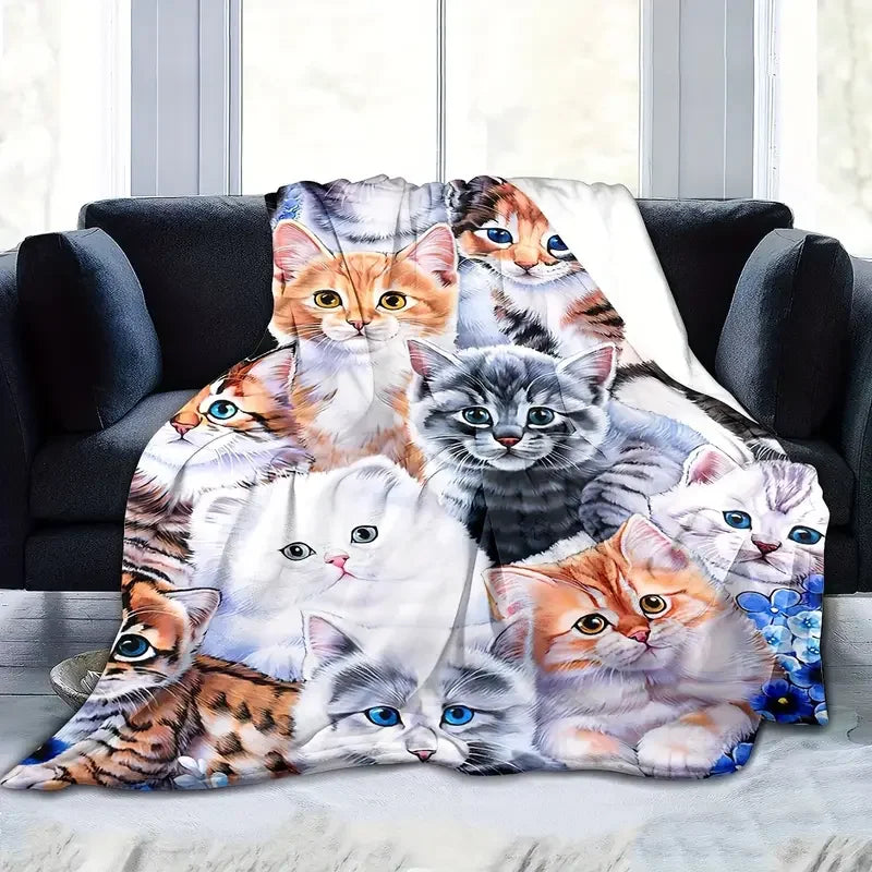 Cute cat print blanket, flannel blanket, soft and warm blanket nap blanket for sofa couch, office bed, office, camping, travel