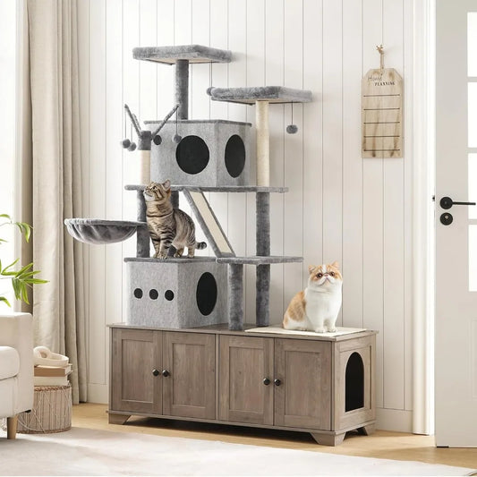 Double Litter Box Enclosure with Cat Tree, 45.3"L x 17.7"W x 68.9"H All-in-One Modern Cat Tower with Cat Bed, Hidden Litter Box