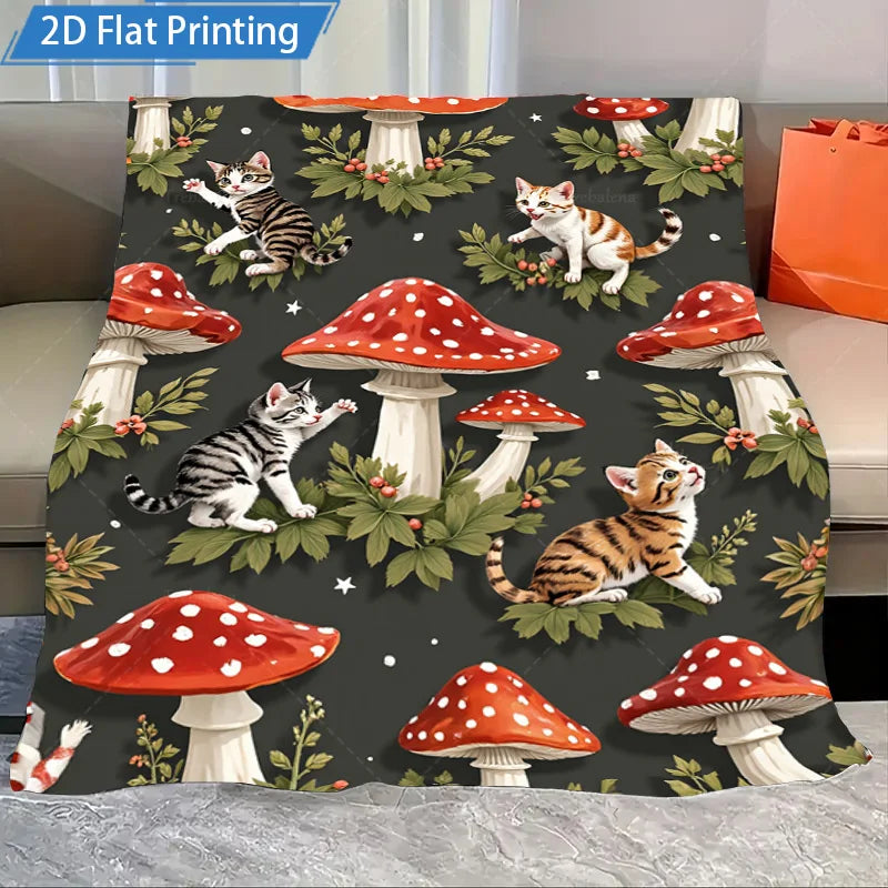 1pc Flannel Blanket Cute Cats & Mushrooms Print Blanket, Cozy Forest Theme Fleece Throw, Soft Home Decor