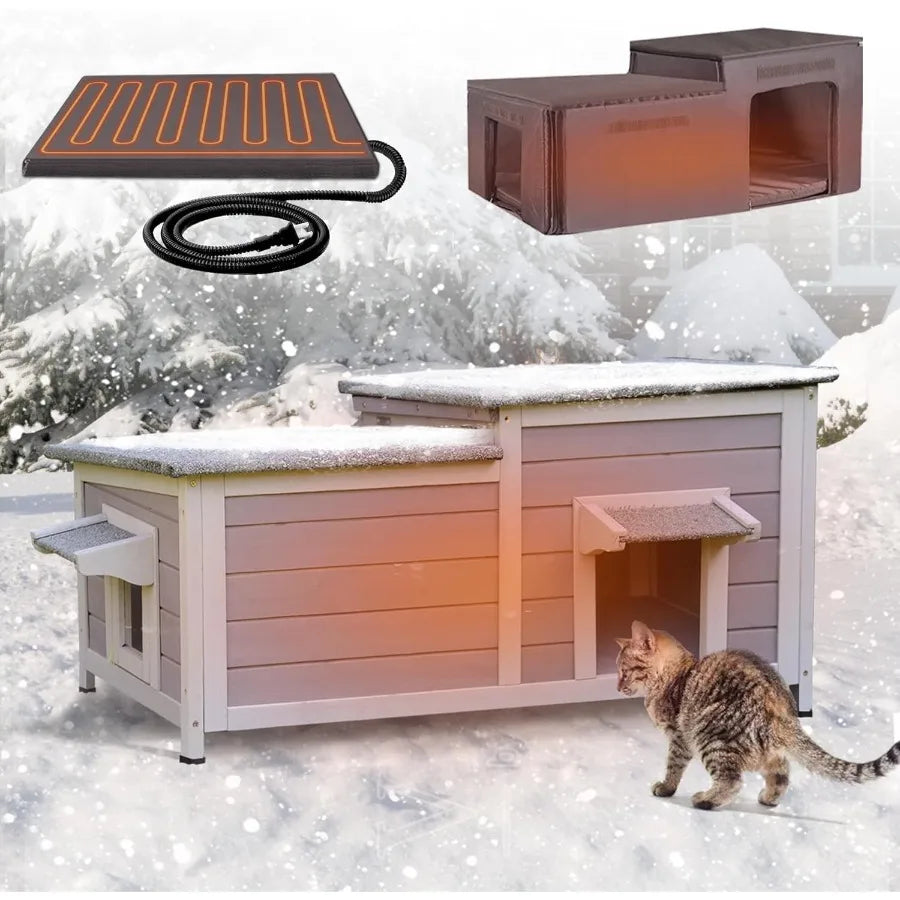 Heated Cat House for Outside Insulated Cat House Outdoor Weatherproof with Bite-Resistant Wires Electric Heating Mat 2 Access D