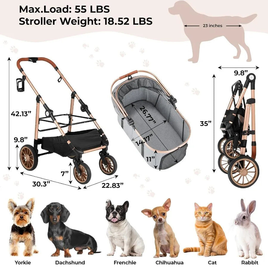 Foldable 4 Wheels Pet Stroller for Small Medium Dogs Cats up to 55lbs 3in1 Dog Stroller Detachable Carrier and OneClick Folding