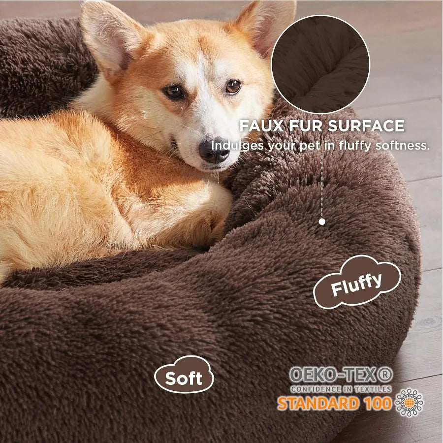 Calming Dog Bed for Medium Dogs - Donut Washable Medium Pet Bed 30 inches Anti-Slip Round Fluffy Plush Faux Fur Cat Bed Fits up