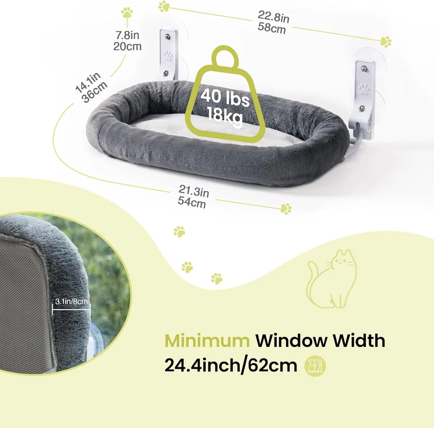 Mewoofun Foldable Cat Window Perch with 4 Strong Suction Cups Cordless Cat Window Hammock Removable Soft Cover White Brown Green