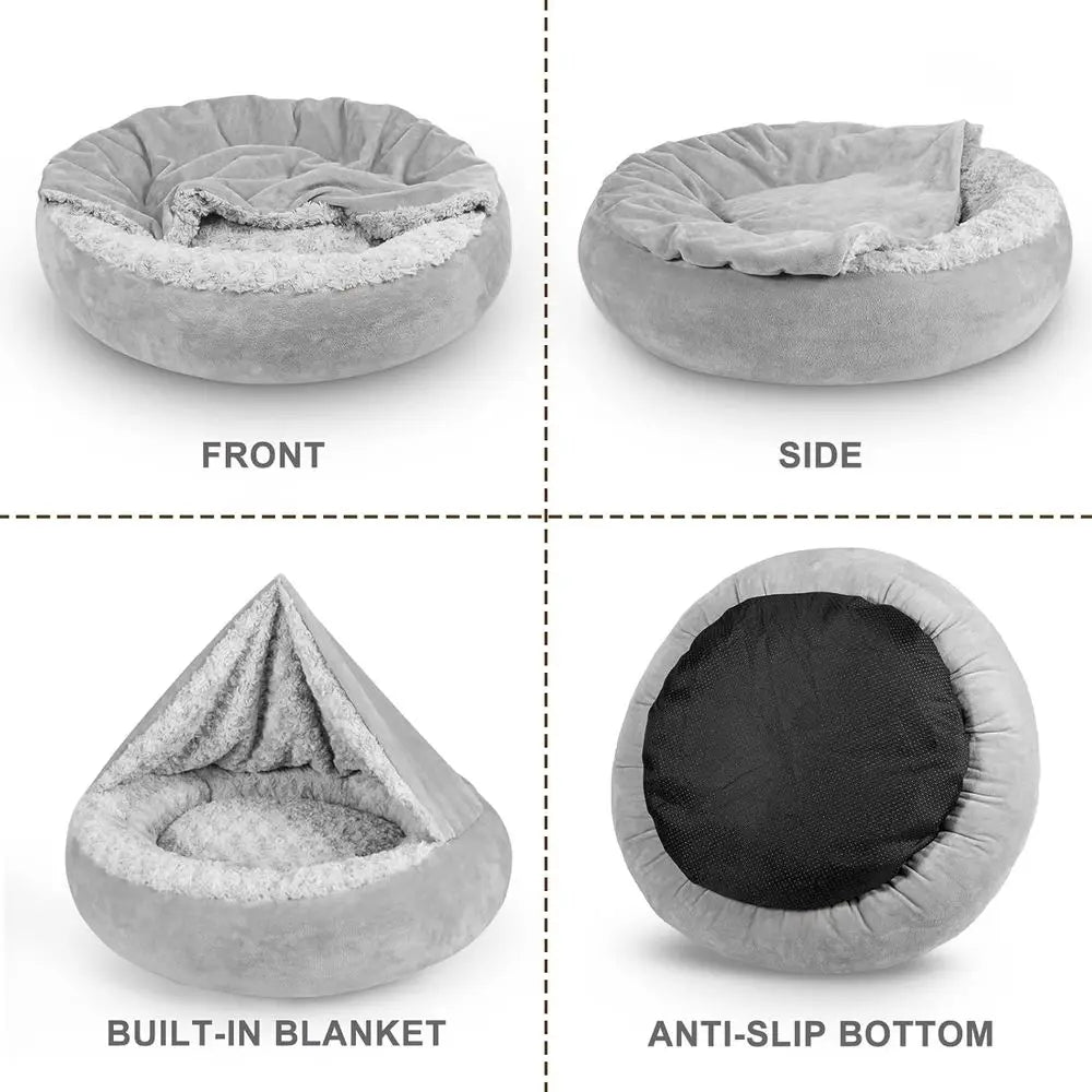 Small Dog Bed Cat Bed with Hooded Blanket, Cozy Cuddler Luxury Puppy Pet Bed, Donut Round Calming Anti-Anxiety Dog Burrow Cave B