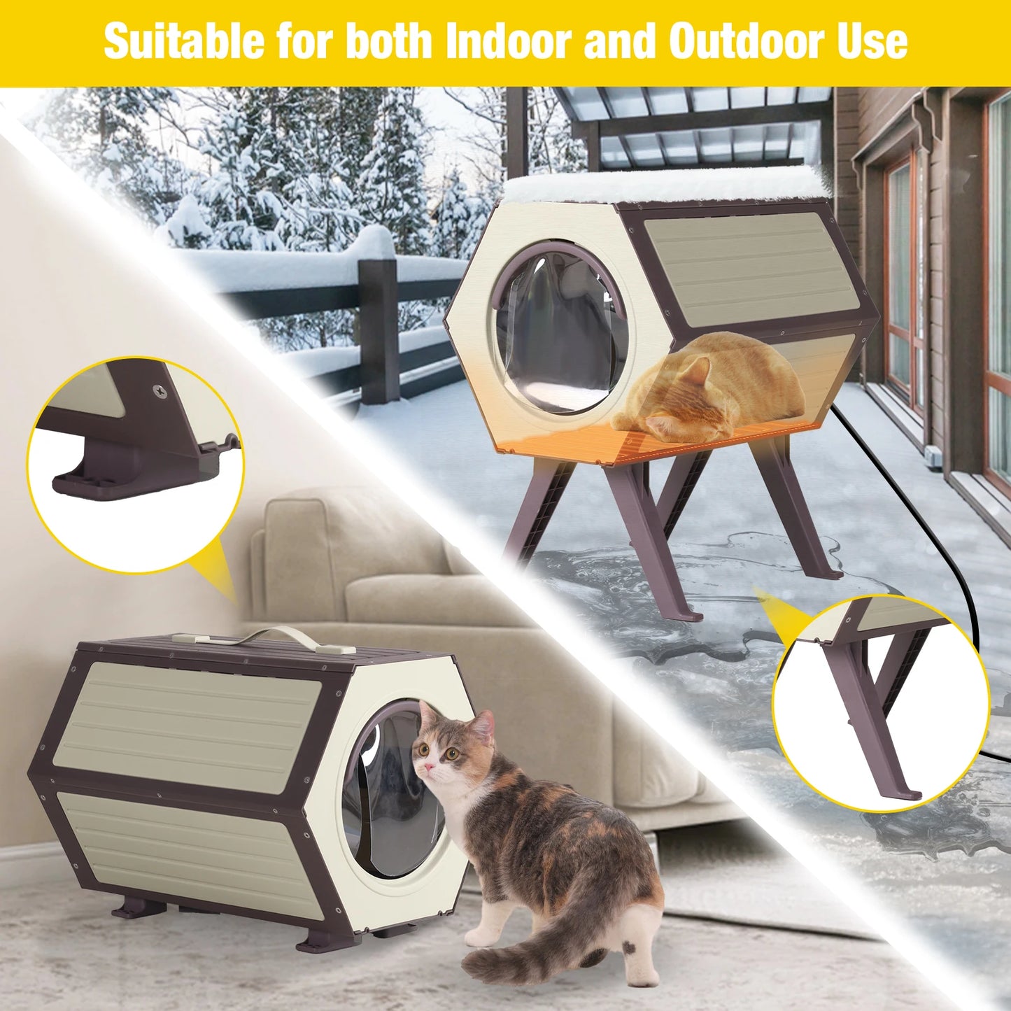 Indoor/Outdoor Heated Cat House with Heated Pad|Durable PP Construction