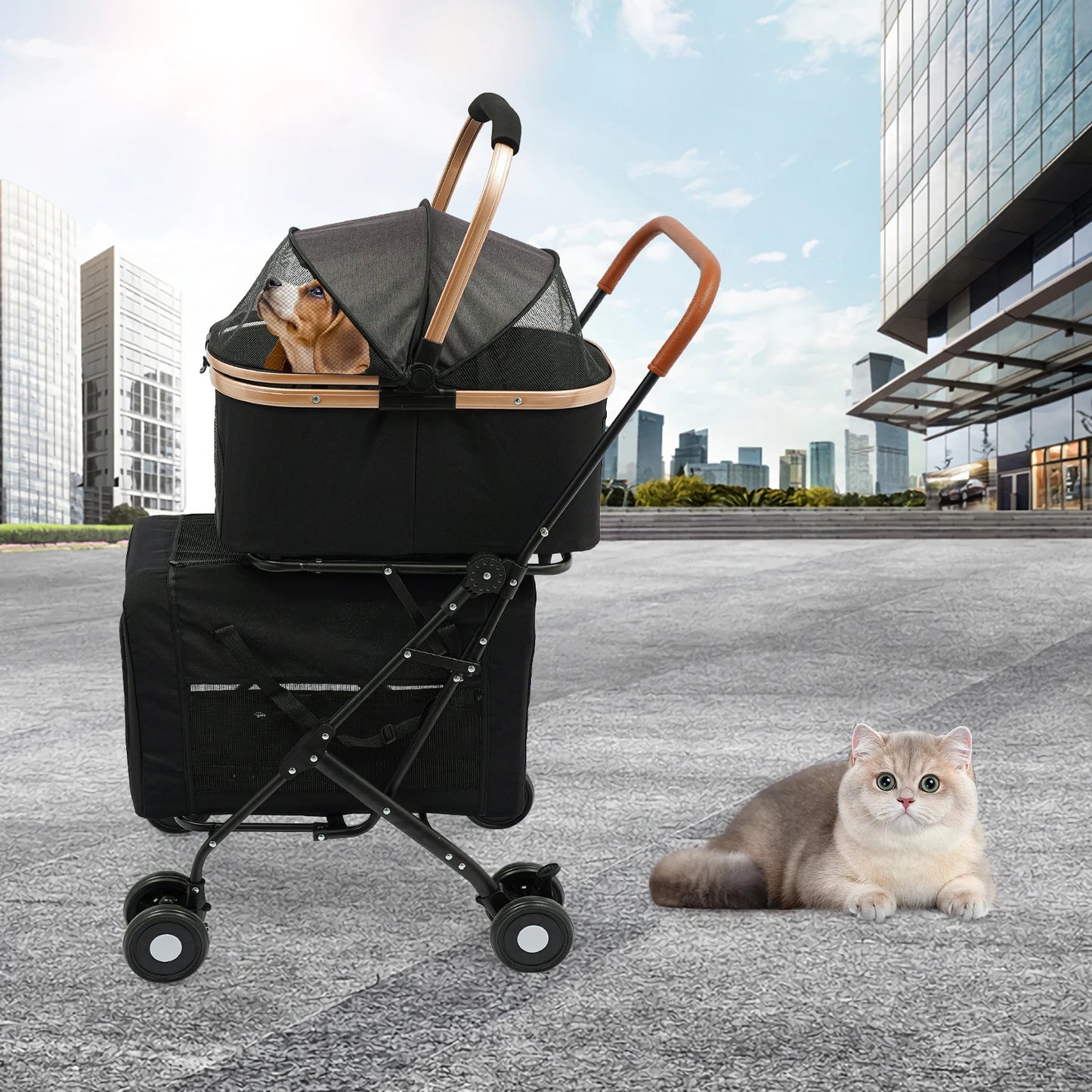 3-in-1 Multifunctional Pet Stroller Foldable Pet Stroller with 2 Pet Carriers for Small & Medium Dogs Bearing 77lbs Safety Lock