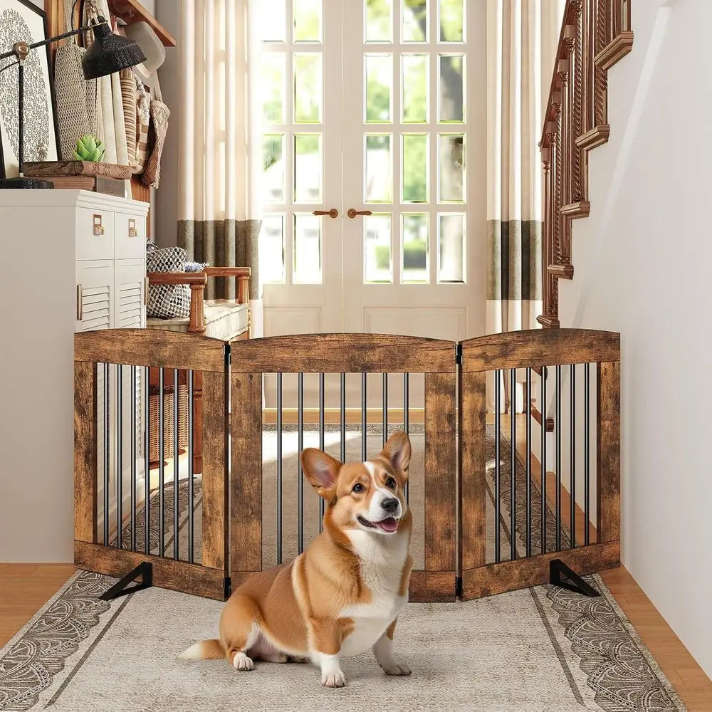Indoor Dog Gate with Support Feet, Freestanding Pet Gate for Doorway, Stairs, 24 Inch 3 Panels, Folding Dog Fence, 360° Hinge fo