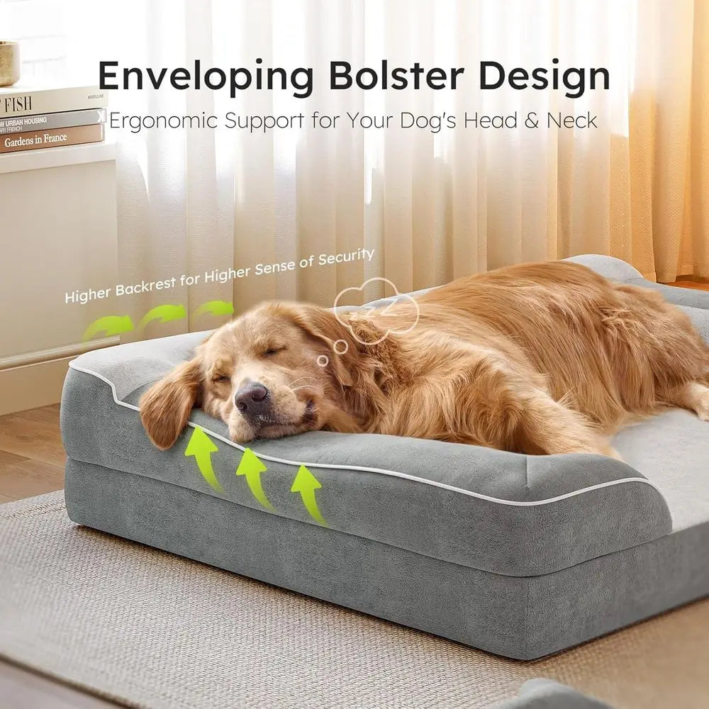 Giant Orthopedic Dog Bed XL, Cooling Gel Foam, Waterproof & Removable Cover, 53 Sofa Bed with Bone Toy, Light Gray