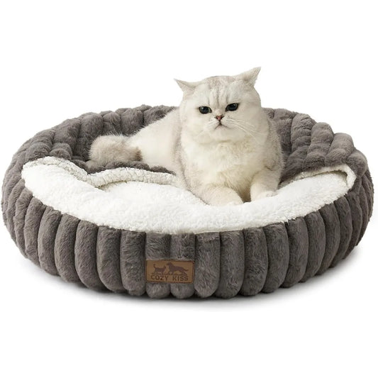 Cat Bed with Hooded Blanket, Round Fluffy Anti-Anxiety Pet Bed for Cats/Small Dogs, Cozy Donut Cuddler with Machine Washable Fau