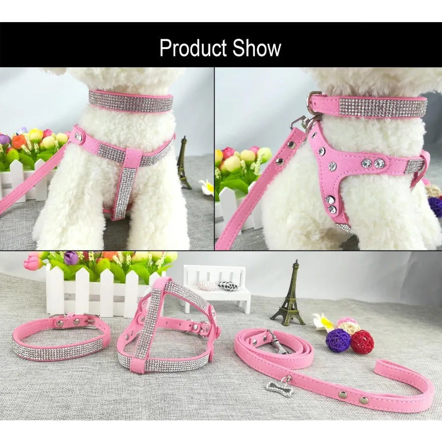 Fashion Dog Collar Harness Lead Sets for Small Dogs Comfortable Soft DiamanteDecorated Collar Adjustable Harness and Leash Set