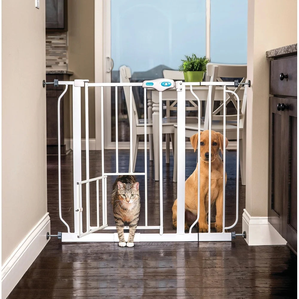 Extra Wide Metal Dog Pet Gate with Small Door One Hand Opening Quick Assembly Neutral Color Home Safety