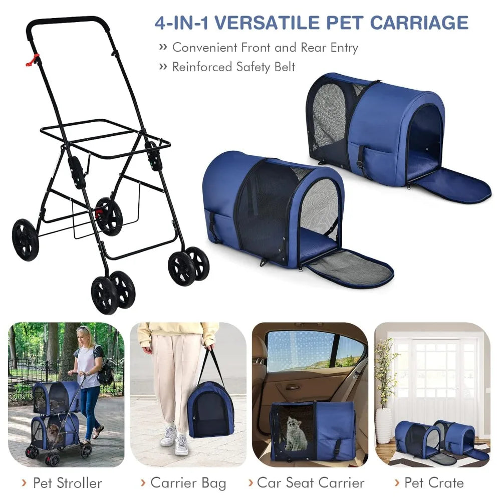 Double Pet Stroller with 2 Removable Carrying Bags, Safety Strap, 4 Lockable Wheels, Foldable Cat and Dog Stroller