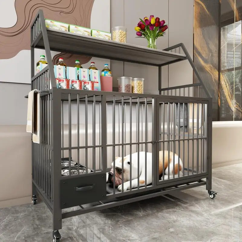 Large Pet Cage with Storage Rack and Drawers, Stainless Steel Food and Water Bowls, Double-Layer Iron Frame and MDF Storage,