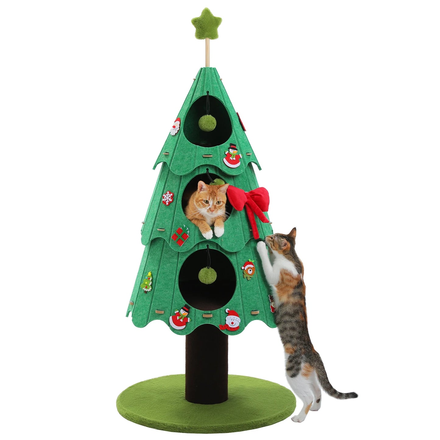 Christmas Cat Tree Tower with 3 Cozy Condos & Pompoms Multi-Level Cat House Bed for Indoor Cats Modern Cat Furniture Cat Toys