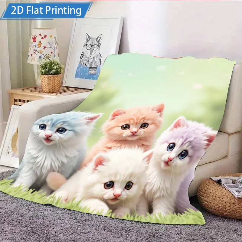 1pc Flannel Blanket Cute Kitten Print Fleece Blanket Soft Cozy Throw for Kids and Cat Lovers Home Decor 2D Flat Printing