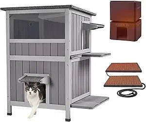 Two-Story Weatherproof Feral Cat Shelter - Wooden Cat Condos with Outdoor Heated Enclosure for Winter Protection