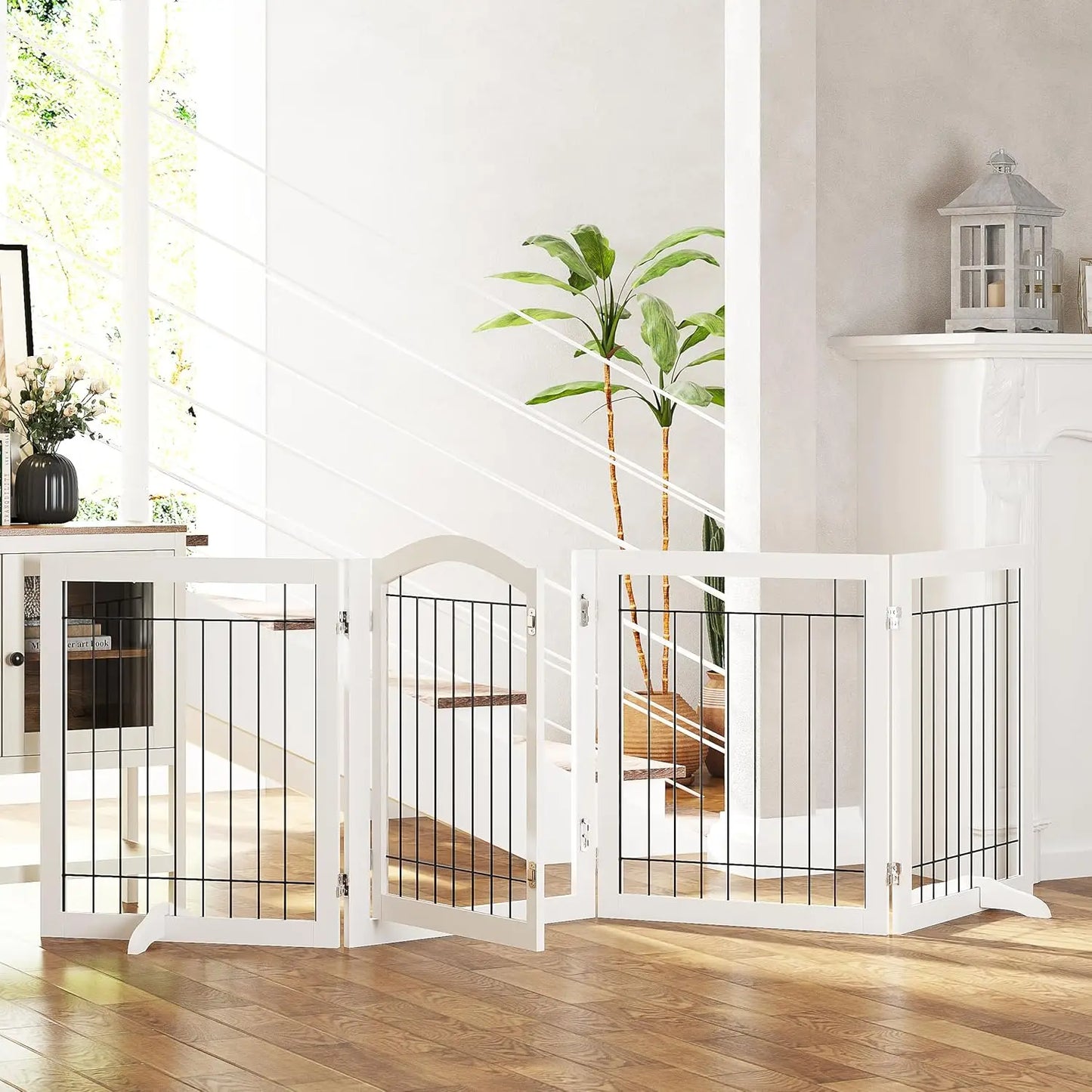 96-inch Extra Wide 30-inches Tall Dog Gate with Door Walk Through, Freestanding Wire Pet Gate for The House, Doorway, Stairs