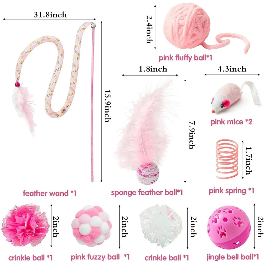 10Pcs Interactive Cat Toy Set Teaser Wand Mice Bell Balls Crinkle Balls Springs Indoor Play Cats