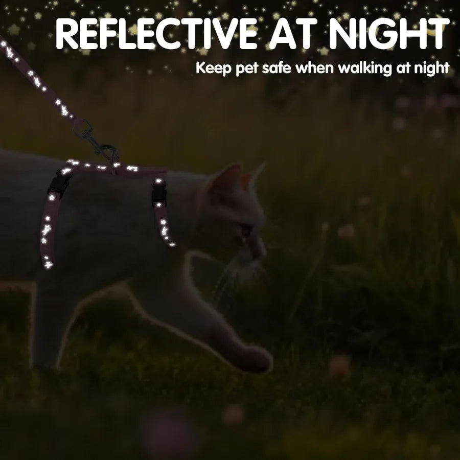 Escape Proof Adjustable HShaped Cat Harness with Leash and Collar Set Featuring Star and Moon Pattern Glow in the Dark Design I