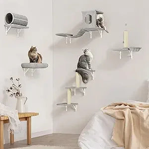 7-in-1 Wall Mounted Cat Climber Set, Cat Furniture Set with House, Bridge, Tree, Steps, Scratcher, DIY Playground, Shelves for