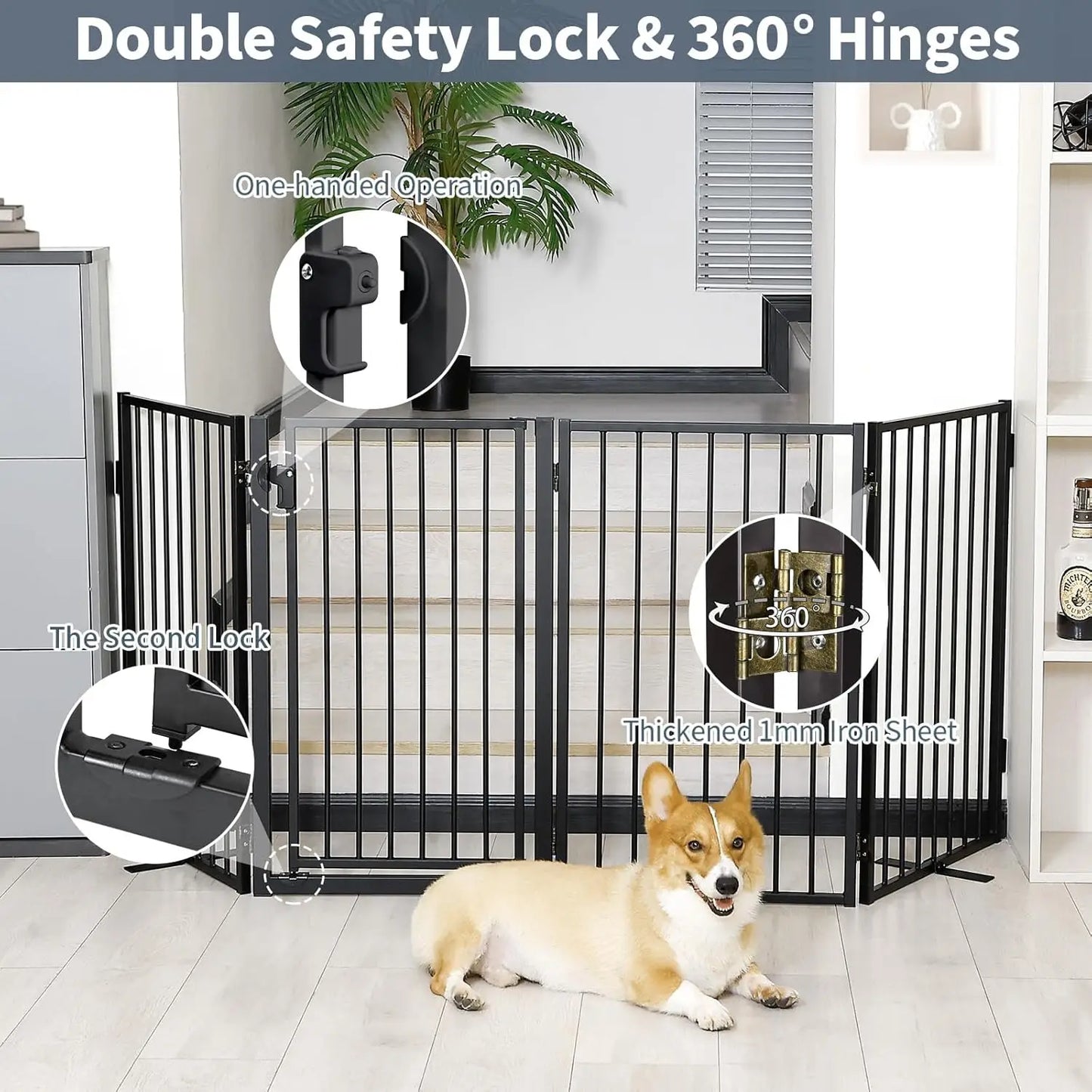 Metal Freestanding Dog Gates with Door for Outdoor Indoor,80'' Extra Wide 32'' Tall Free Standing Dog Gate for Doorways
