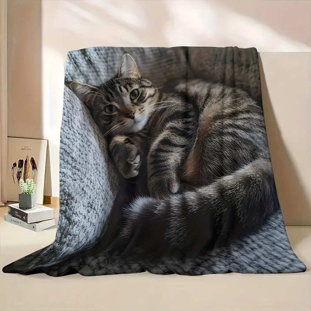 1pc Soft Cozy Cat Print Flannel Blanket - Lightweight Portable All-Season Throw for Travel, Camping, Sofa & Bed, Contemporary St