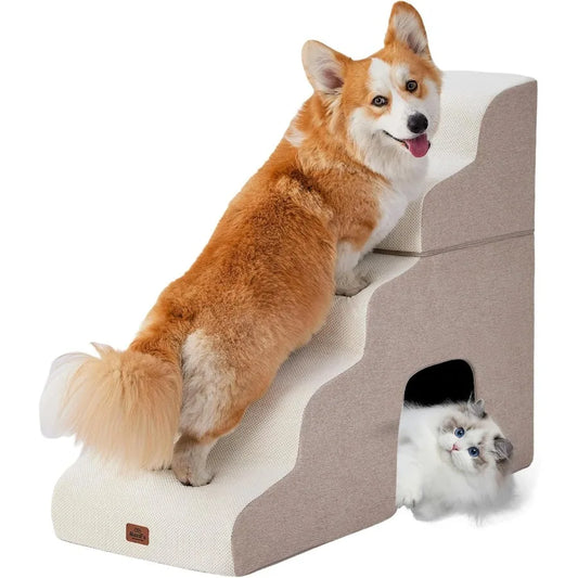Beige Curved Dog Stairs Ramp for High Beds 28.7 H 5Step Dog Steps for Small Dogs and Cats Pet Stairs for High Bed Climbing NonS