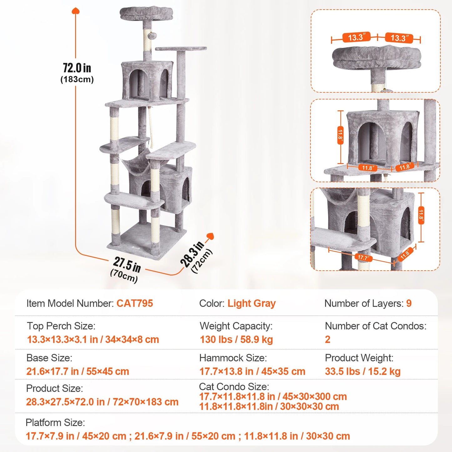 Cat Tree for Indoor Cats 45.2" Cat Tower with Cat Condo Sisal Scratching Post Hammock Top Perch Jumping Platforms Dark Grey