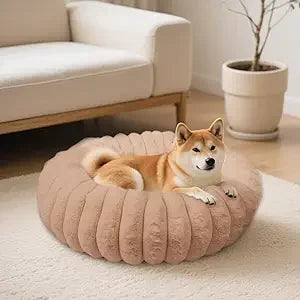 Calming Donut Dog Cat Bed, Anti-Anxiety Fluffy Warm Cozy Round Puppy Bed, Fuzzy Comfort Plush Pet Beds for Small Medium Dogs & C