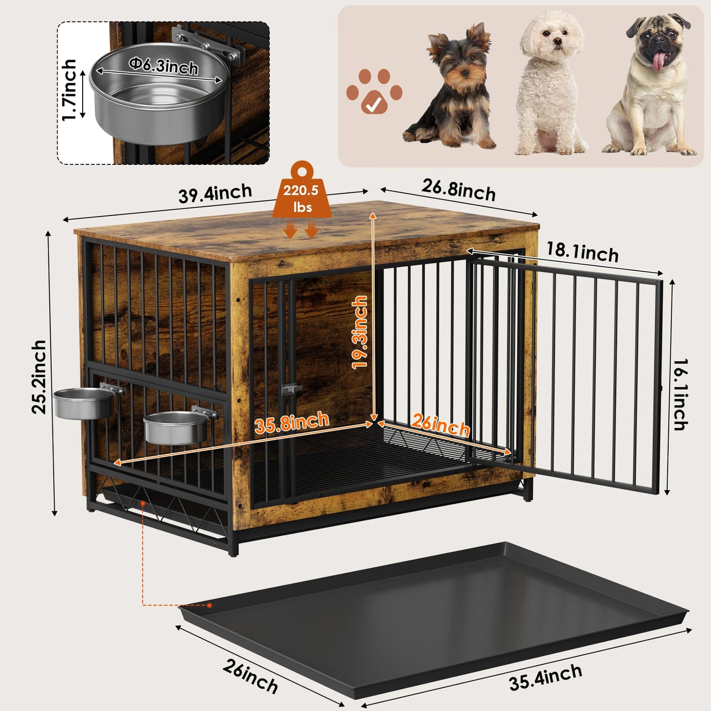Furniture Style Dog Crate,Wooden Heavy Duty Dog Kennel with Adjustable Raised Feeder for Dogs 2 Stainless Steel Bowls Brown/Gray