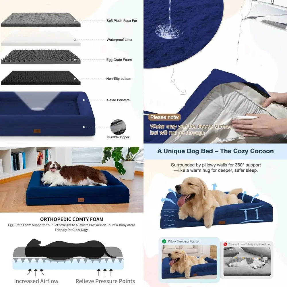 Large Dog Orthopedic Waterproof Bed with Removable, Washable Bolster and Non-Slip Base, Blue