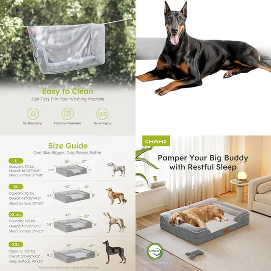 Giant Orthopedic Dog Bed XL, Cooling Gel Foam, Waterproof & Removable Cover, 53 Sofa Bed with Bone Toy, Light Gray