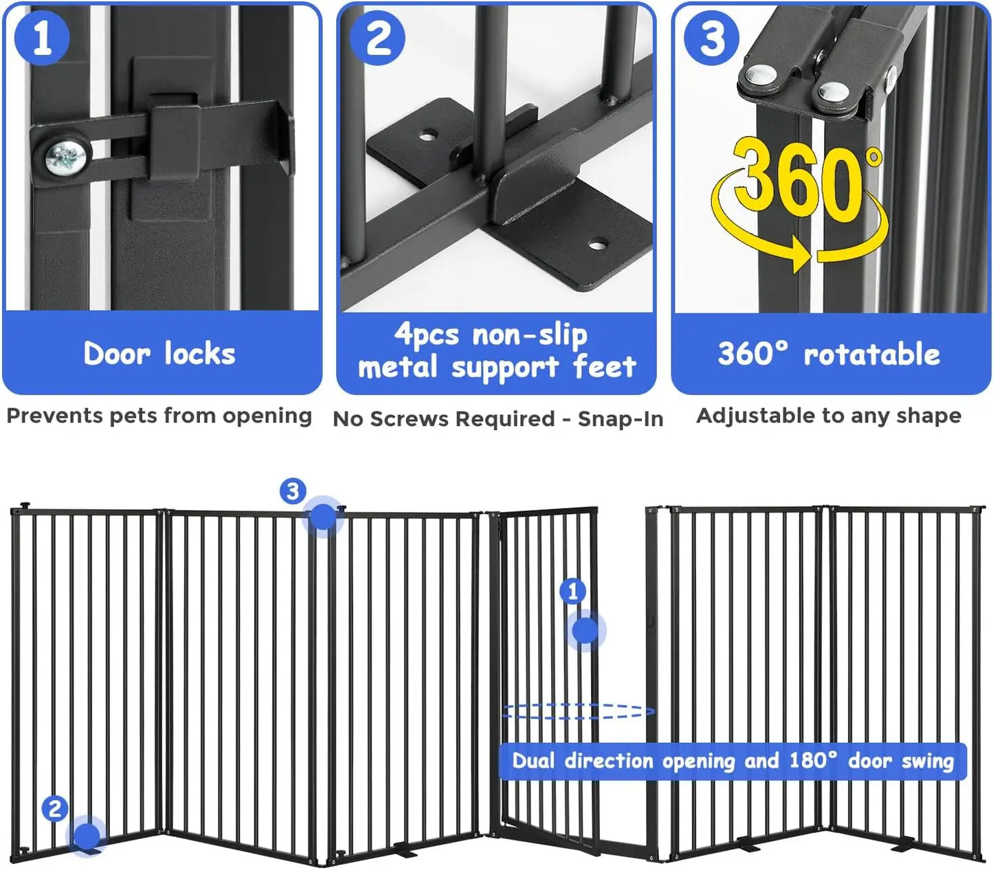 6 Panels Metal Freestanding Dog Gates with Door,120''W Detachable Foldable Dog Fence Indoor Outdoor Puppy Gate